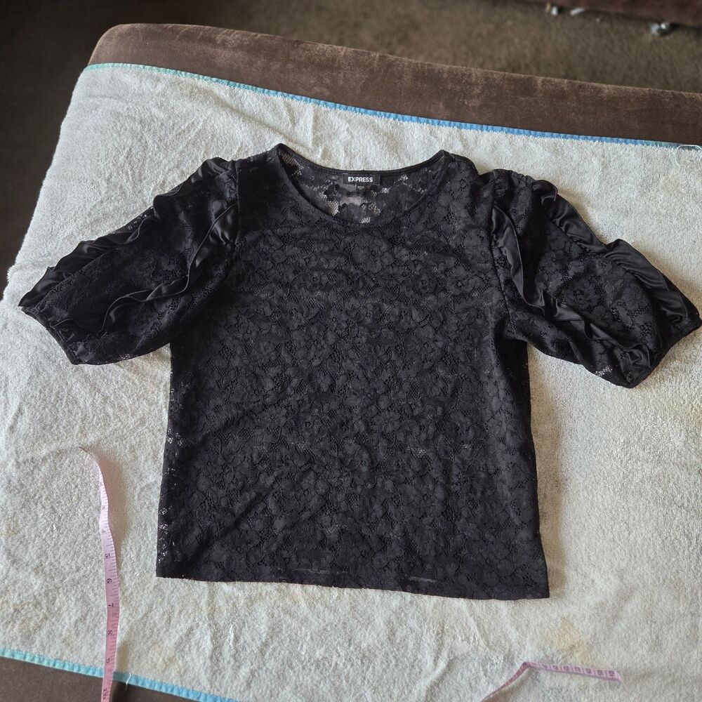 Express Black Floral Lace Satin Ruffle Sleeve Blouse XS Petite Y2K Gothic Top
